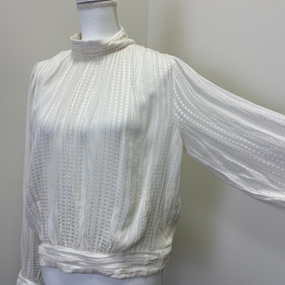NEW Ann Taylor White Gold Metallic Stripe Mock Neck Blouse Large Bohemian - Picture 3 of 16
